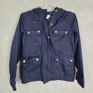 J. Crew Womens Sz XS Navy Blue Twill Utility Military Hooded Field Jacket